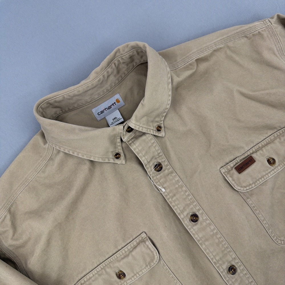 Carhartt Mens 2XL Brown Twill Work Shirt Button Down Utility Heavy Relaxed Fit